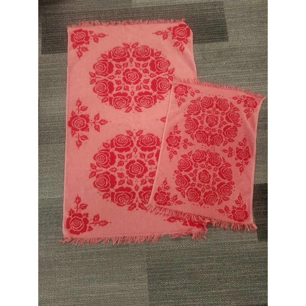 Vintage Sears Velvet Touch Pink Red Bath & Hand Towel Reversible MCM 100% Cotton